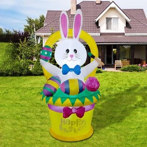5 FT Easter Inflatable Outdoor Decor Bunny with Basket and Eggs Blow up Rabbit - Picture 1 of 6