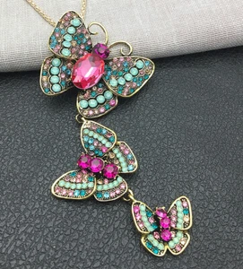 Multi-Color Crystal Three Butterfly Pendant Long Necklace/Brooch - Picture 1 of 4