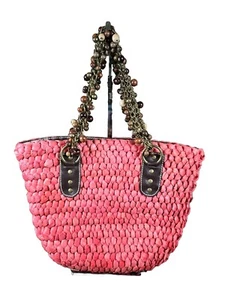 J Crew Pink Rafia Jute Straw Woven Handbag Shoulder Bag Purse Beaded Tropical - Picture 1 of 15
