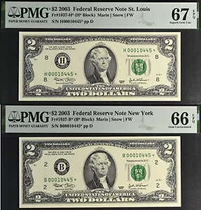 2003 $2 Federal Reserve Note - PMG 67EPQ - Matching Serial Number Star - 2 Notes - Picture 1 of 6