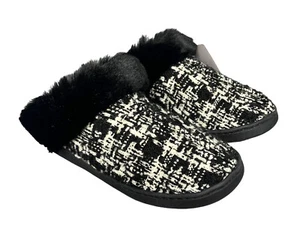 Lauren Conrad Slippers Womens XS 5-6 Black White Tweed Bedroom Shoes Faux Fur - Picture 1 of 9