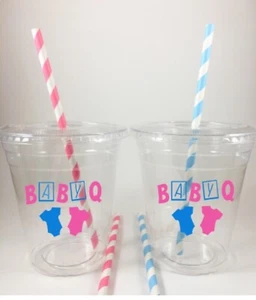 Baby BBQ Party Cups Gender Reveal Barbecue Set/12 With Lids Straws Pink Blue - Picture 1 of 1