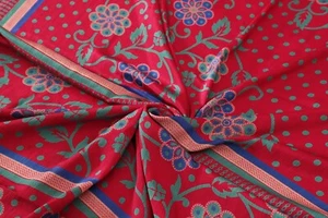 Red & Blue Floral Printed Vintage Silk Saree Craft Dress Making Sari Fabric Art - Picture 1 of 3