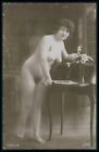 French full nude woman at table original old 1910-1920s photo postcard