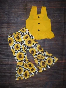 NEW Boutique Sunflower Tank Top Bell Bottoms Girls Outfit Set - Picture 1 of 8