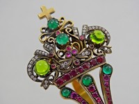 ANTIQUE RUSSIAN 84 SILVER KOVSH DIAMONDS RUBY EMERALD GEM SET JEWELRY QUALITY