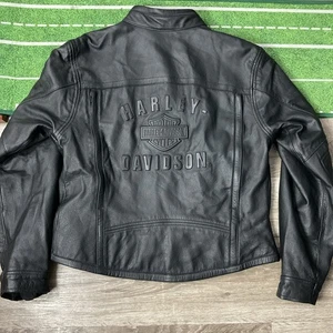 Harley Davidson womens jacket M Medium Black Leather vents zip bar shield - Picture 1 of 20