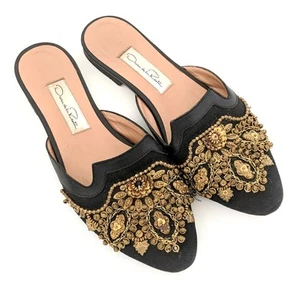 Oscar de la Renta Pointy Mules Black Beaded Studded Gold Beads Embellish 36 6 US - Picture 1 of 10