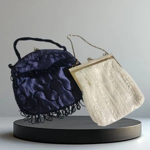 Lot of 2 Vintage Evening Purses Bags Clutches Ivory & Blue Beaded - Picture 1 of 17
