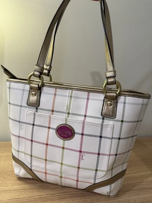 Coach Peyton Tattersall Medium Tote Bag Shoulder Purse White/Gold - Excellent!! - Image 1 of 4
