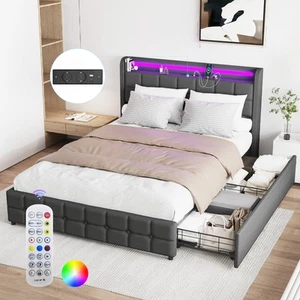 LED-RGB Doppelbett 140x200 mit Stauraum 2 Schubladen Bettgestell mit Lattenrost - Bild 1 von 17