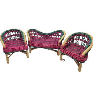 Vintage Doll Barbie Size Wicker Rattan Patio Furniture 3 Piece Set Pink Green - Picture 1 of 9