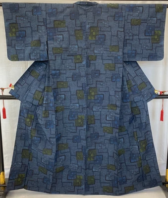 Kimono japonais vintage soie marine sans doublure tumugi troisième longueur... - Photo 1/4
