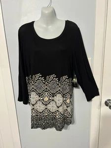 NWT JM Collection Deep Black Paisley Multi Top with 3/4 Sleeve      Plus Size 3X - Picture 1 of 2
