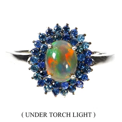 Anillo de plata de ley 925 ovalado ópalo zafiro piedras preciosas naturales joyería talla 8 Foto 1 de 4