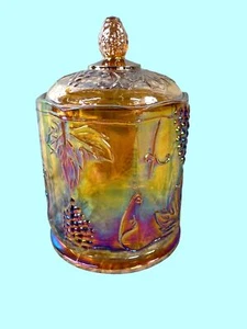 Vintage Amber Carnival Glass Canister With Lid Fruit & Vine Design 7" Tall - Picture 1 of 7