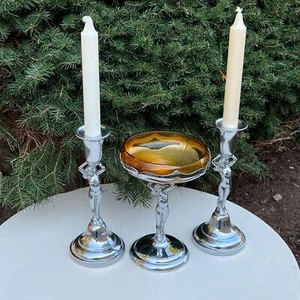 Art Nouveau Cambridge Farberware Nude Amber Compote & Matching Candle Holders - Picture 1 of 17