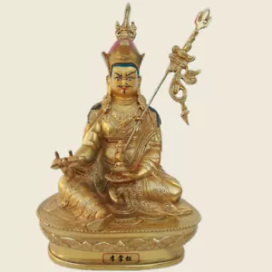 8"/21cm Handpainted gilt bronze Nepal Guru Padmasambhava Rinpoche Buddha Statue - Picture 1 of 3