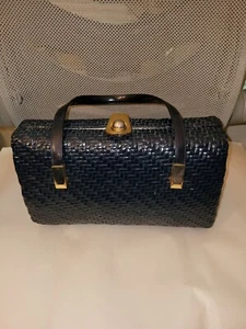 Vtg Koret Wicker Woven Basket Purse Dark Blue 1960s Mid Century Retro Pin-Up - Picture 1 of 10