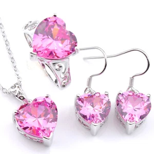 Natural Handmade Lovely Sweet Pink Fire Topaz Silver Heart Pendant Earrings Ring - Picture 1 of 6