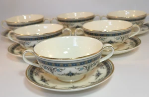6 Minton Grasmere Blau & Goldrand Suppen Coupes Schüsseln & Untertassen um 1980 TOP - Bild 1 von 8