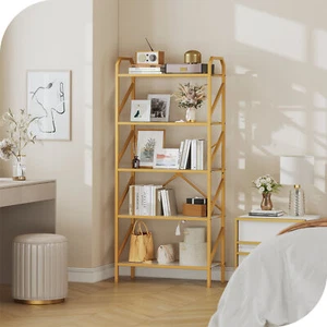 5 Shelf Gold Bookcase Bookshelf with Tempered Glass Shelves Storage Display Rack - Picture 1 of 10