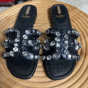 SAM EDELMAN BAY FLAT BLACK LEATHER RHINESTONE SLIDE SANDALS Size 8.5 M - Picture 1 of 9