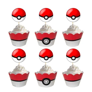 12x Pokemon Pokeball Cupcake Wrapper & Topper. Party Lolly Loot Bag Cake Banner - Picture 1 of 6