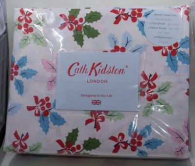 Cath Kidston London 4pc Queen Christmas Holly Sheet Set Percale - NEW