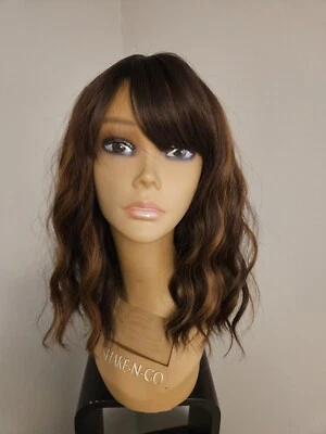 SUPER CUTE TRUE DARK BROWN Highlighted Wavy WIG WITH BANGS NEW - Image 1 of 4