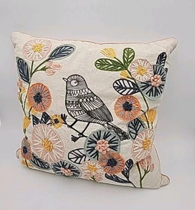 Elie Tahari Home Embroidered Pillow Bird Flowers Beige Pink 20x20” Throw Decor - Picture 1 of 13
