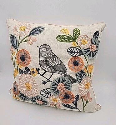Elie Tahari Home Embroidered Pillow Bird Flowers Beige Pink 20x20” Throw  Decor - Image 1 of 4