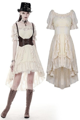 OFF WHITE Abito lungo DARK IN LOVE gotico steampunk panna bianco sporco pizzo vintage vittoriano