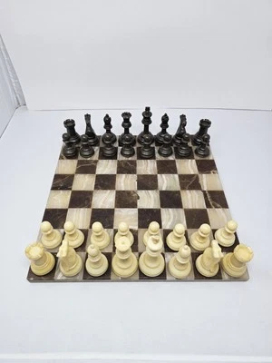 Vintage Marble/ Quartz Chess Board  14.25" X 14.25” Unbranded With Pieces - Image 1 of 4