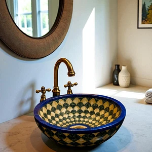 Lavabo de tocador artesanal de 24" lapislázuli y MoP y concha de abulón - Imagen 1 de 8