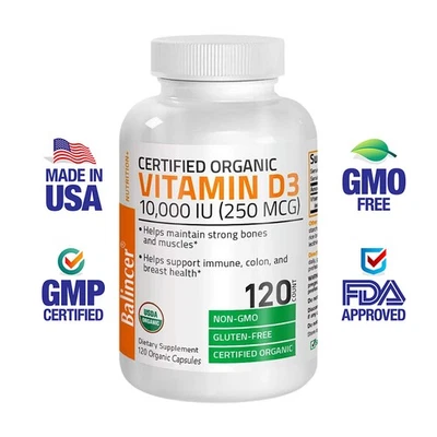 Vitamin D3 Capsules 10000 IU Immune Support Bone Muscles Healthy 120 Organic  - Image 1 of 4