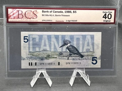 1986 Bank of Canada $5 2 Digit Radar Graded BCS EF40 SN# GPX1155511 - Image 1 of 4