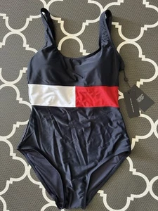 Tommy Hilfiger Womens Iconic Logo Navy Red White 1 piece Swimsuit Size Large L - Picture 1 of 5