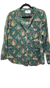 Printfresh Animal-Themed Pajama Top Long Sleeve Button-Down Green White Piping S - Picture 1 of 8
