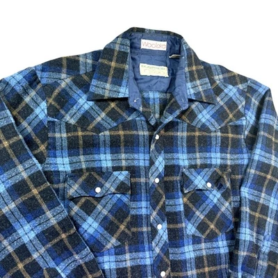 VTG Bush Hog Shirt Men M 15.5 Woolaka Wool Pearl Snap Western Blue Rodeo Hiking - Image 1 of 4