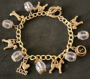 Airedale Terrier Dog Gold Tone Charm Bracelet Crystals 7.5" Toggle Clasp - Picture 1 of 9