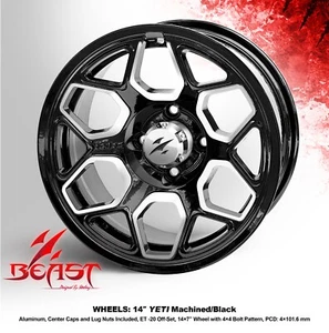 GOLF CART 14"x7" 'YETI' (BEAST) MACHINED/BLACK ALUMINUM WHEELS / RIMS x4 - Picture 1 of 2