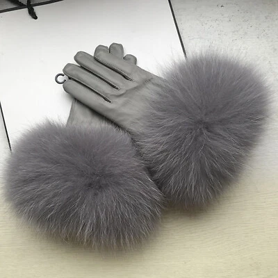 Women Genuine Lambskin Leather Gloves With Real Fox Fur Trim Cuff Winter Warm - Image 1 of 4