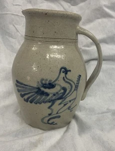 Vintage Stoneware Pottery Pitcher Blue Painted Bird - Picture 1 of 11