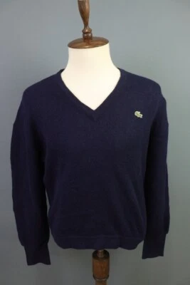 Vintage Chemise Lacoste Blue Knit V-Neck Wool Knit Jumper Sweater Size 4 / M - image 1 of 4