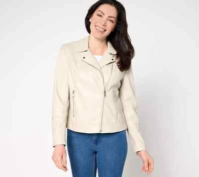 Denim Co Imitación Cuero Largo Slv Moto Chaqueta Bolsillos con Cremallera-Blanco Cálido-2X-A677009 Foto 1 de 2