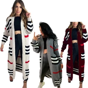 Womens Long Sleeve Knitted Striped Cardigan Loose Fit Open Front Winter Coatigan - Picture 1 of 8