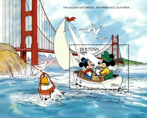 Bhutan 1991 - Disney, World Wonders, Mickey, Golden Gate Bridge - S/S - MNH Cover