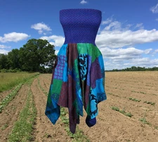 Women’s Strapless Dress Patchwork Sundress, Blue Summer Dress, Hippie Dress S/M