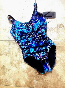 NWT SIZE 12 MAGICSUIT RET$158 PRINT TURQ, PURP, BLK, RUCHEDADJ NECKLINE SEE INFO - Picture 1 of 8